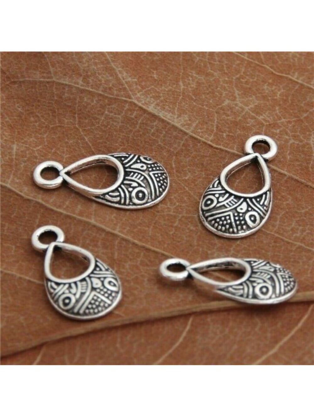 Art Deco Antique Silver Carved Open Curved Teardrop Charms 4Pcs